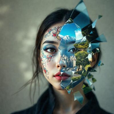 The primary subject of the image is a woman with a unique and artistic appearance. She has a face painted with a design, and her eyes are painted with a blue color. The setting is a cityscape, with a mountain visible in the background. The visual style of the image is a combination of photo and digital art, creating a striking and creative portrait. The colors and mood of the image are vibrant and lively, with the woman's face and the cityscape creating a visually engaging and memor